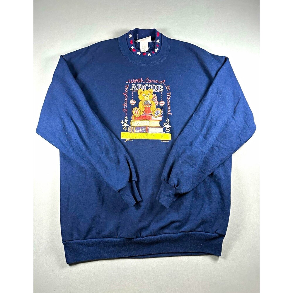 Morning Sun Sweatshirt Womens 1X Teacher Bear USA Navy ABC Books Vintage
